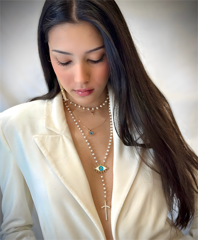 COGNAC DIAMOND PEARL EYE SWORD NECKLACE