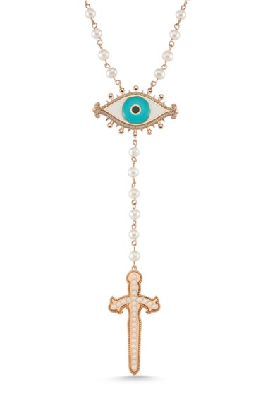 COGNAC DIAMOND PEARL EYE SWORD NECKLACE