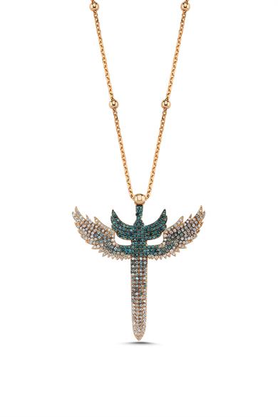 Mavi Degrade Pırlantalı B Form Jumbo Boy Mikail Meleği Kolye