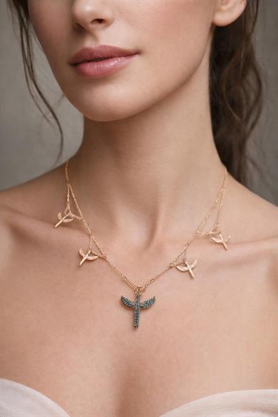 Mavi Pırlantalı Beşli Mikail Meleği Kolye