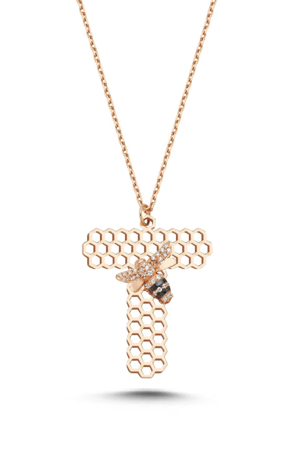 Taşlı Arılı T Harf Kolye 