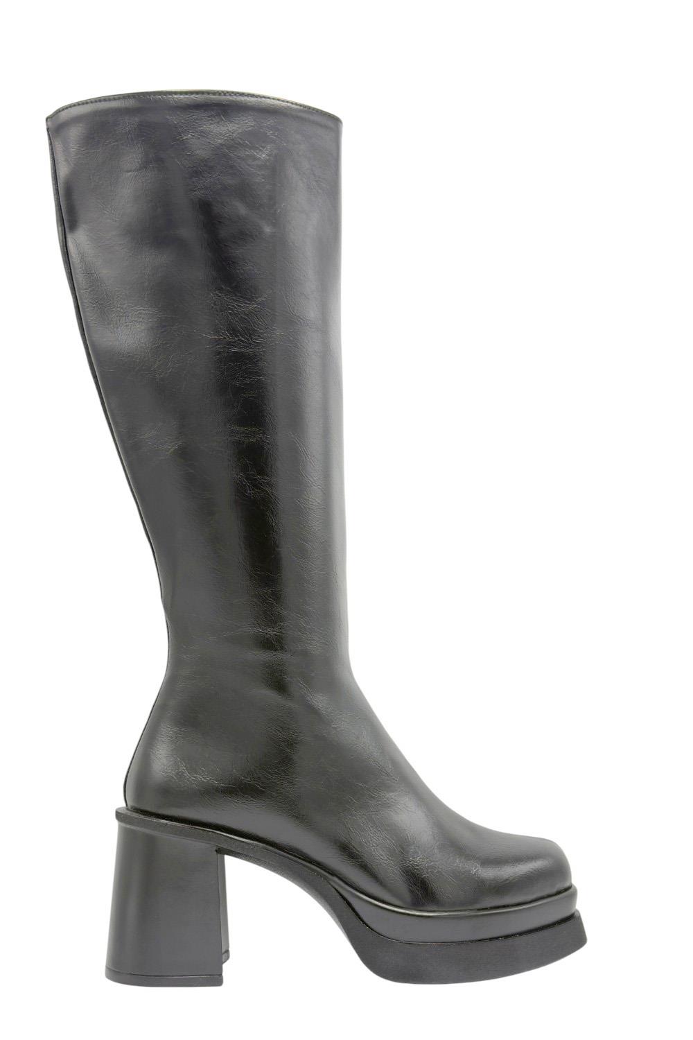 Siyah Kırışık Rugan  Platform Topuklu Kadın Çizme