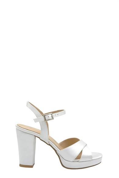 Beyaz Saten Çapraz Bant Platform Topuklu Kadın Ayakkabı