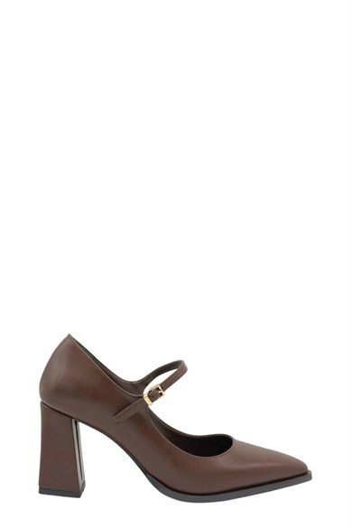 Kahverengi Bantlı Kalın Topuk Stiletto Kadın Ayakkabı (048 260343)