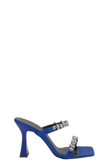 Sax Saten Taşlı Çift Bant Yüksek Topuklu Terlik