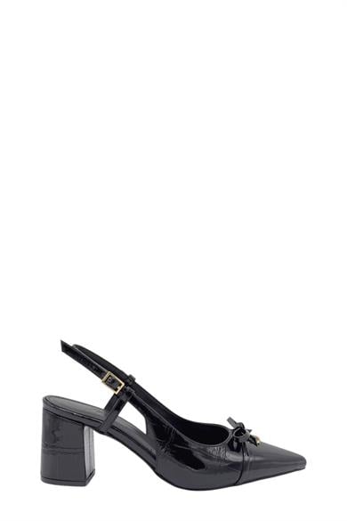 Siyah Kroko Arkası Açık Kalın Topuk Kadın Stiletto Ayakkabı