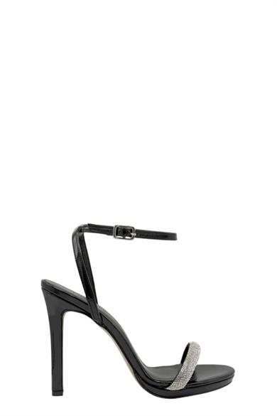 Siyah Rugan Tek Bant Taşlı Abiye Topuklu Kadın Ayakkabı