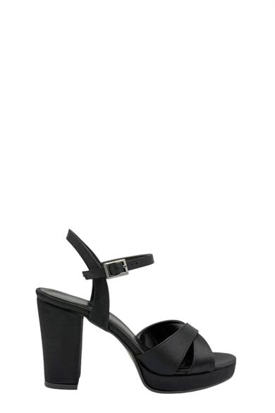 Siyah Saten Çapraz Bant Platform Topuklu Kadın Ayakkabı