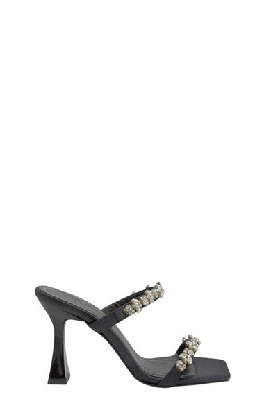 Siyah Saten Taşlı Çift Bant Yüksek Topuklu Terlik