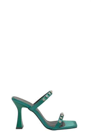 Yeşil Saten Taşlı Çift Bant Yüksek Topuklu Terlik