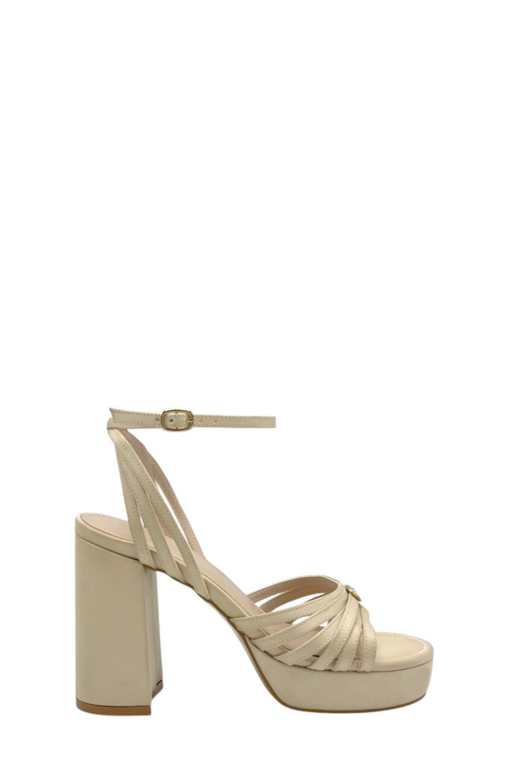 Bej Saten Bantlı Platform Topuklu Kadın Ayakkabı