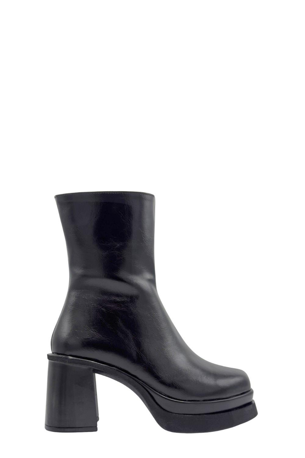 Siyah Kırışık Rugan  Platform Topuklu Kadın Bot