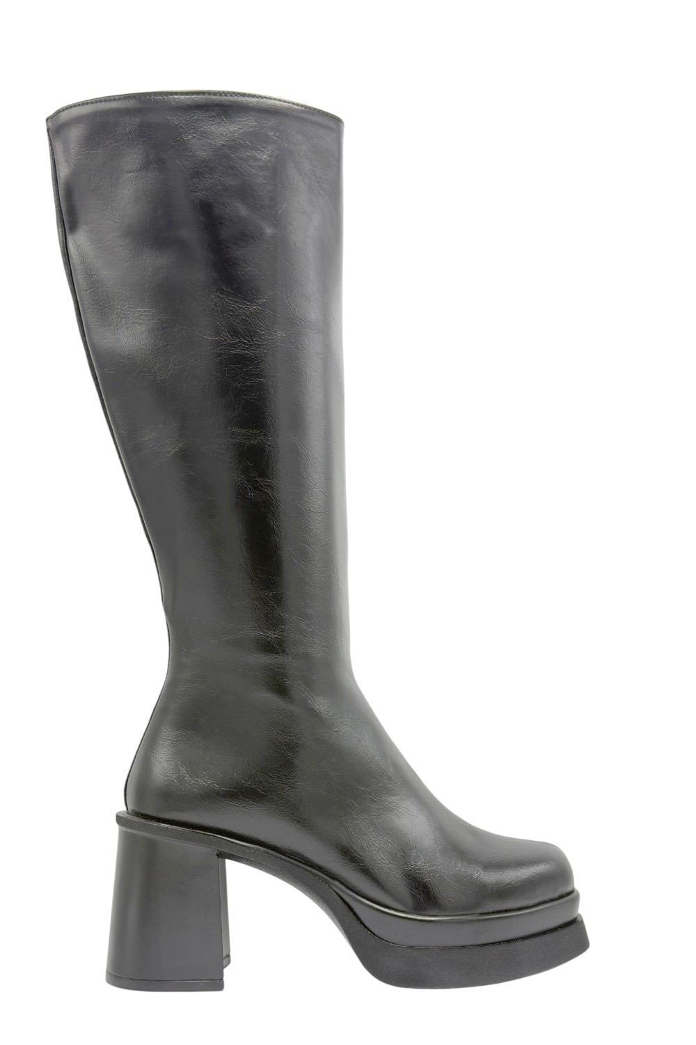 Siyah Kırışık Rugan  Platform Topuklu Kadın Çizme