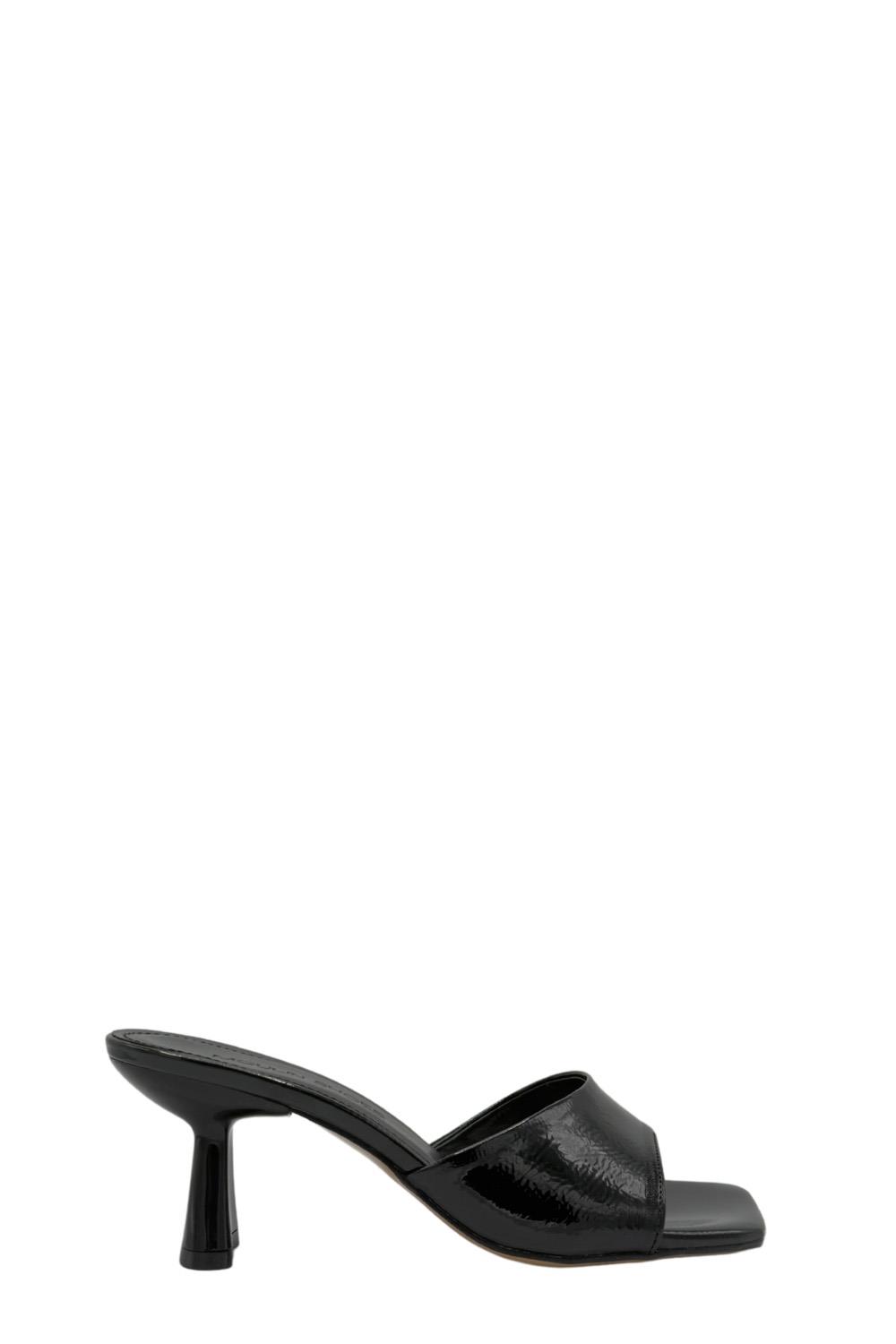 Siyah Kırışık Rugan  Tek Bant Kısa Topuklu Terlik