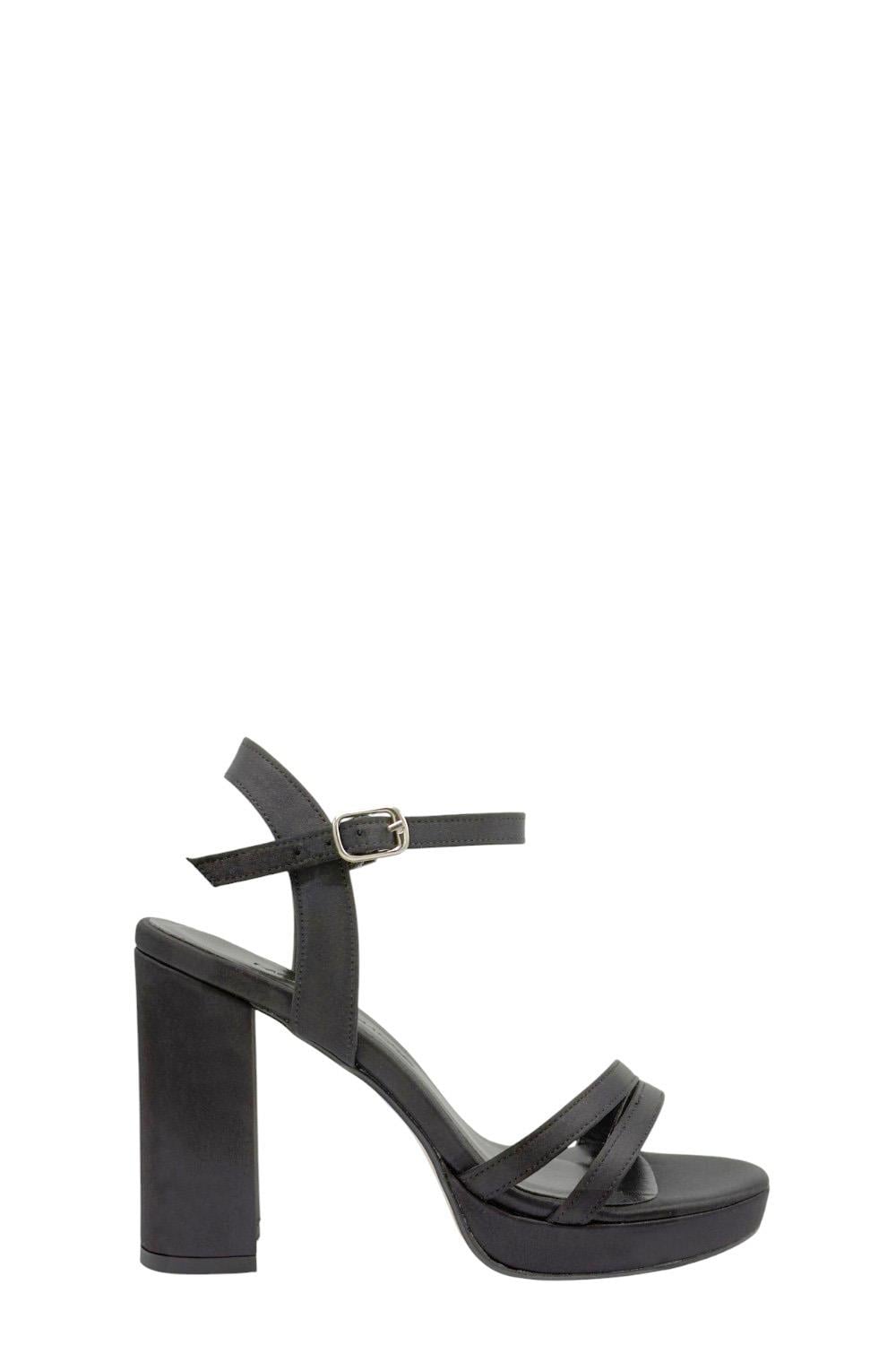 Siyah Saten Çift Bant Platform Topuklu Abiye Kadın Ayakkabı