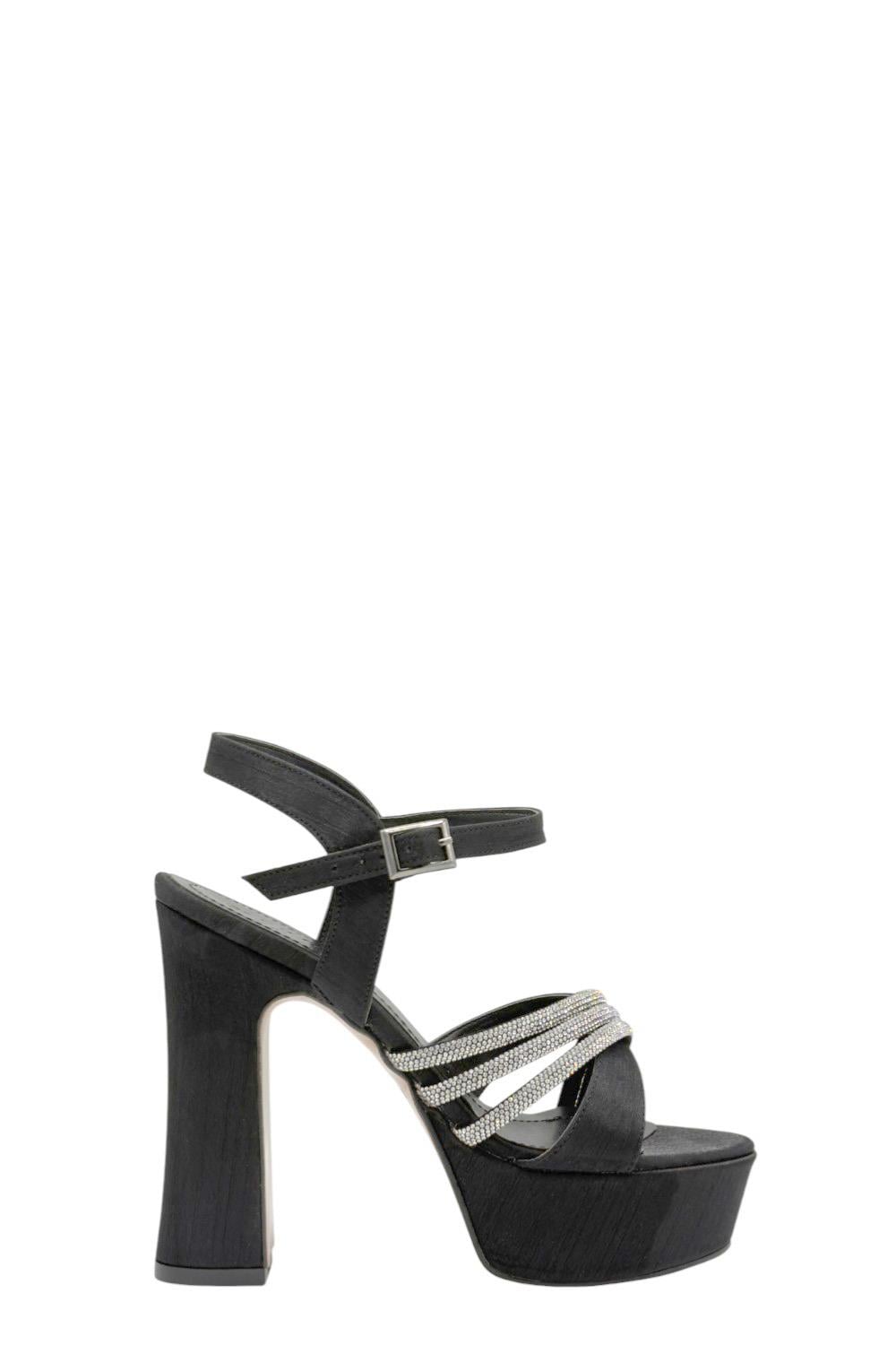 Siyah Taşlı Çapraz Bant Platform Topuklu Kadın Ayakkabı
