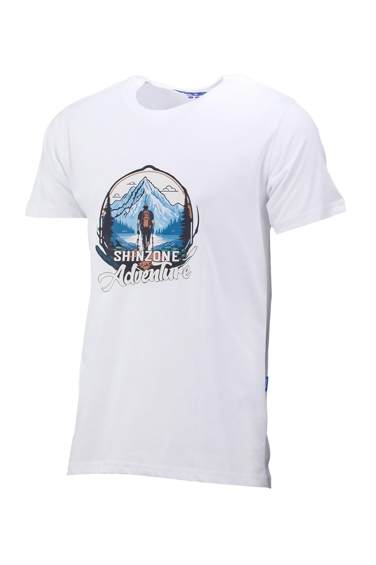 Erkek Bisiklet Yaka Mevsimlik Adventure Baskılı Standart Fit Beyaz T-Shirt