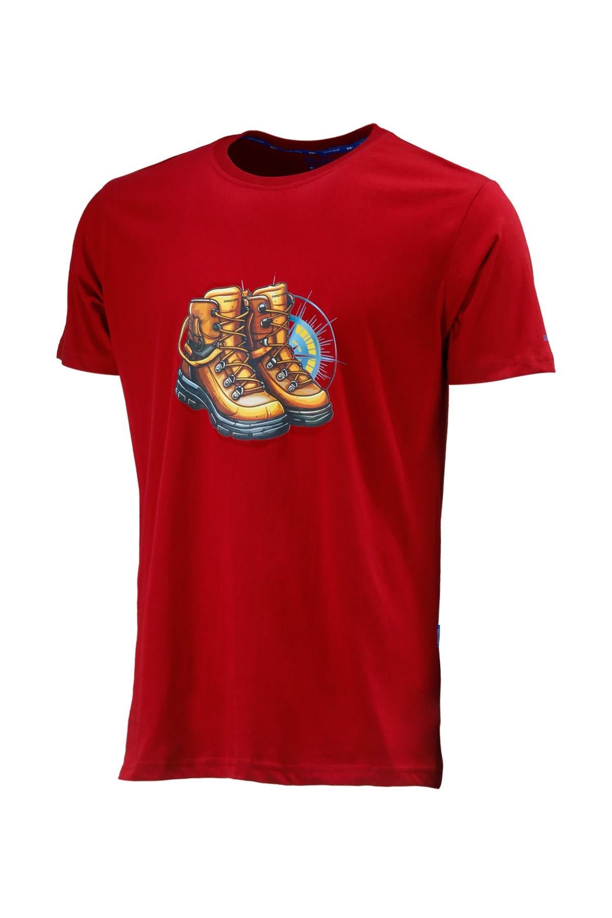 Erkek Bisiklet Yaka Standart Fit Bot Göğüs Baskılı Bordo T-Shirt