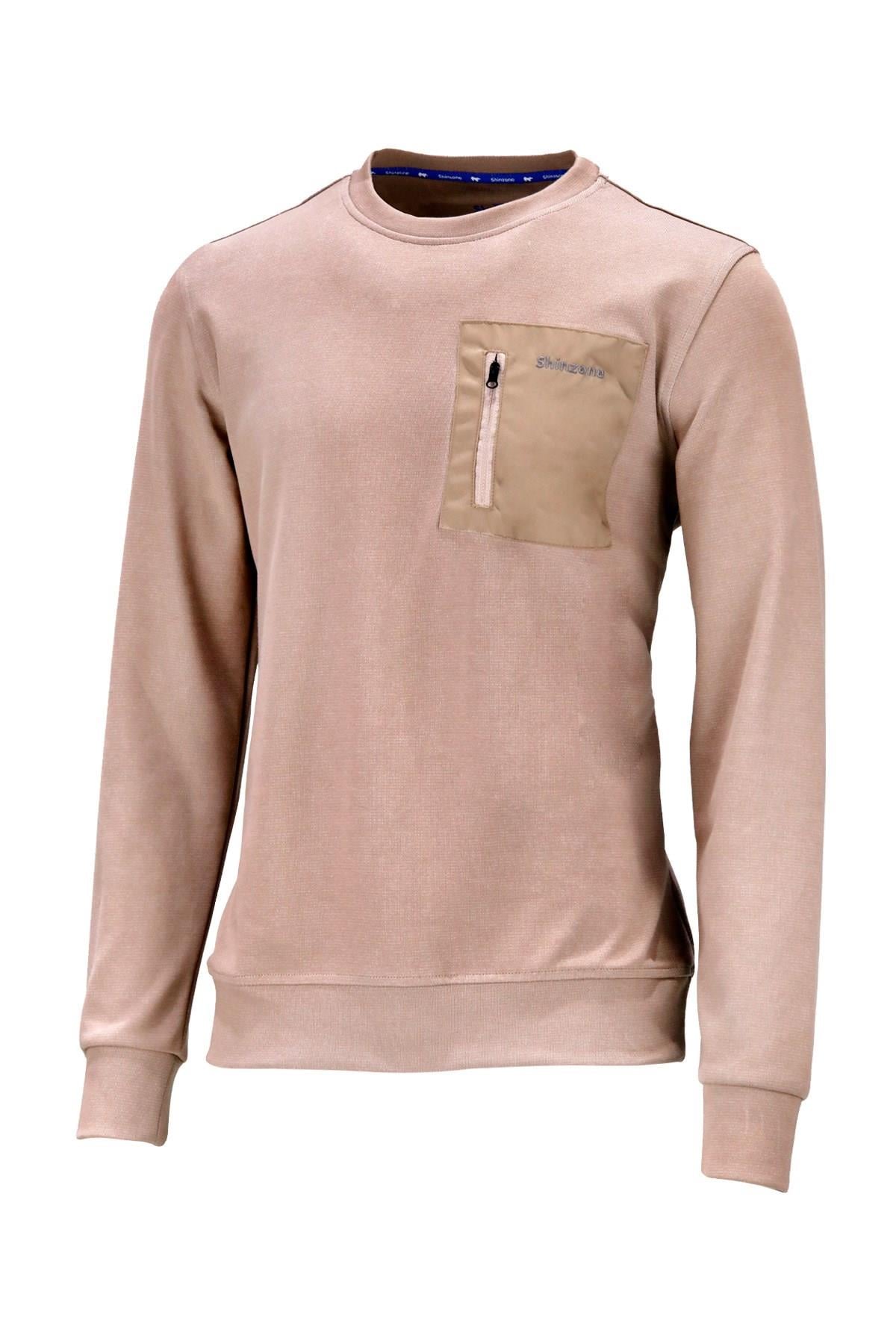Erkek Standart Fit Bisikler Yaka Cep Fermuarlı Bej Sweatshirt