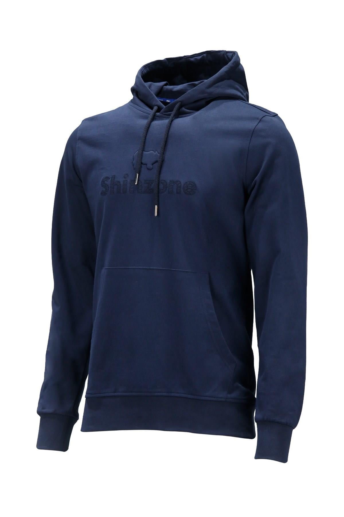 Erkek Standart Fit Kapüşonlu Baskılı Cepli Lacivert Sweatshirt