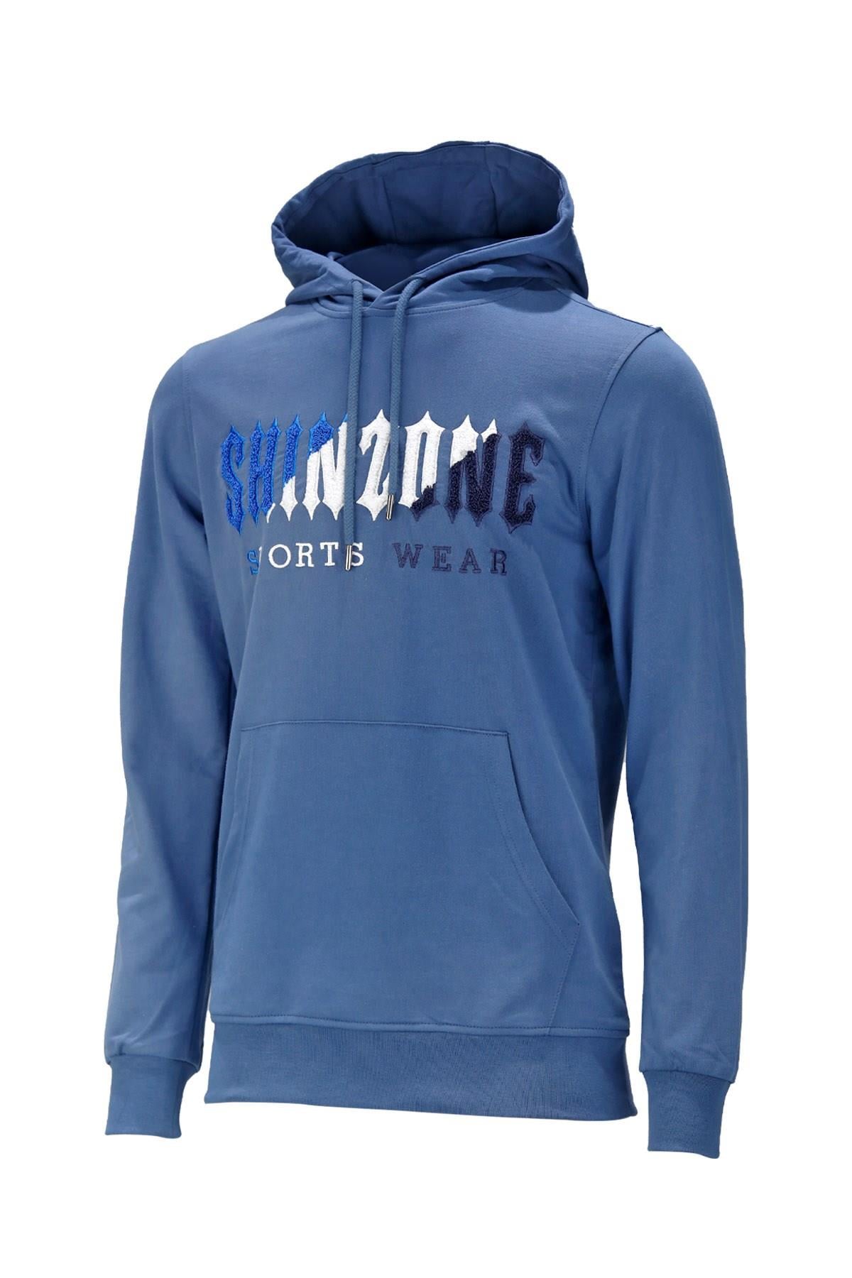 Erkek Standart Fit Kapüşonlu Kabartma Baskılı Mavi Sweatshirt