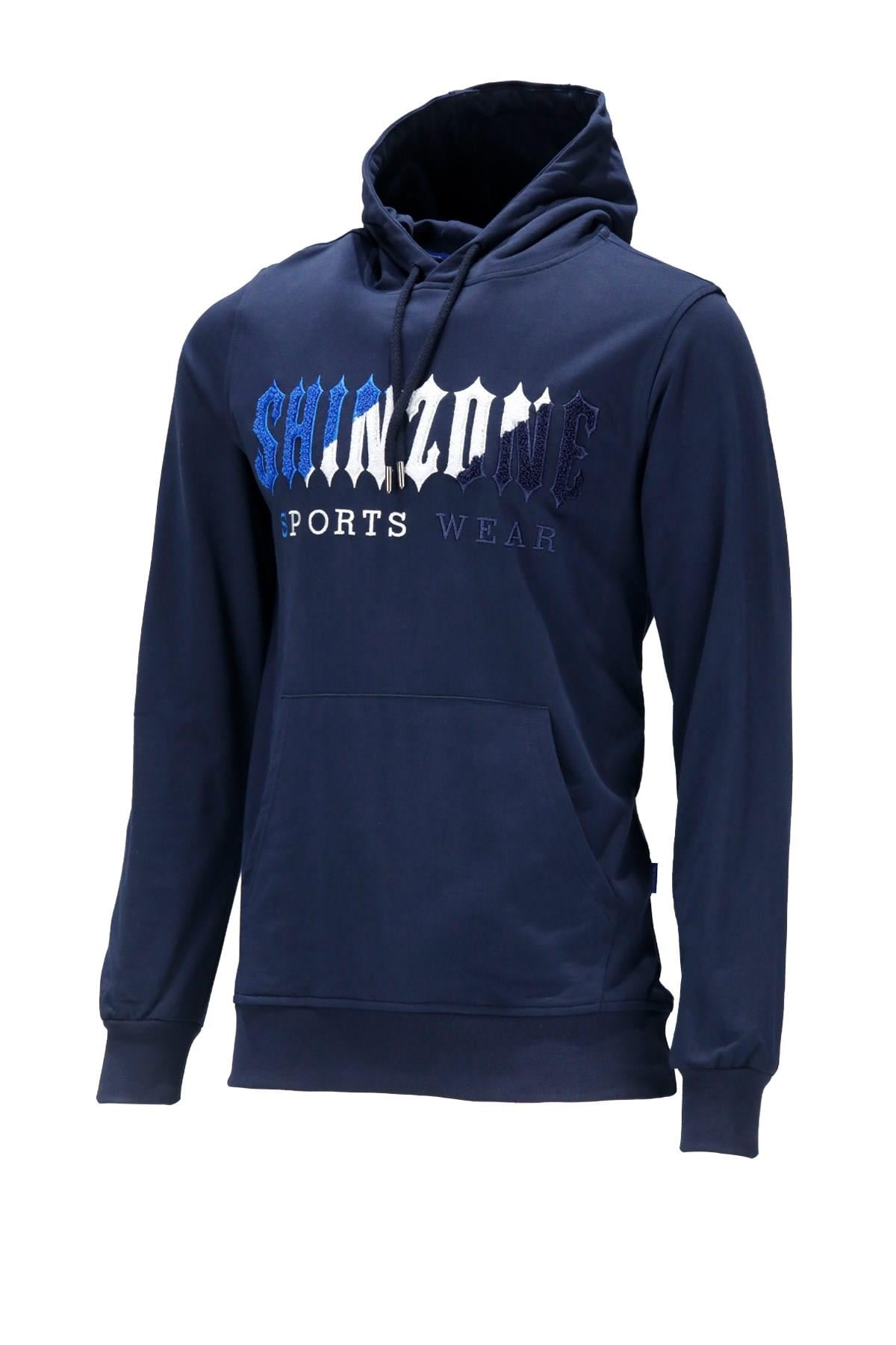 Erkek Standart Fit Kapüşonlu Kabartma Baskılı Lacivert Sweatshirt