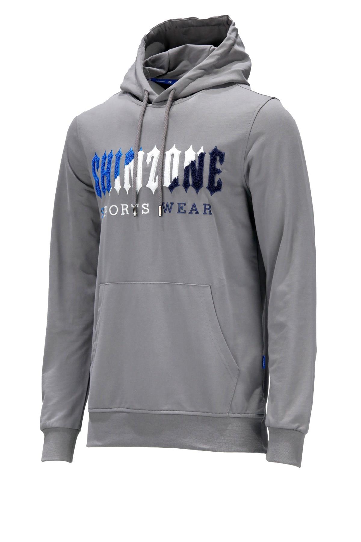 Erkek Standart Fit Kapüşonlu Kabartma Baskılı Gri Sweatshirt