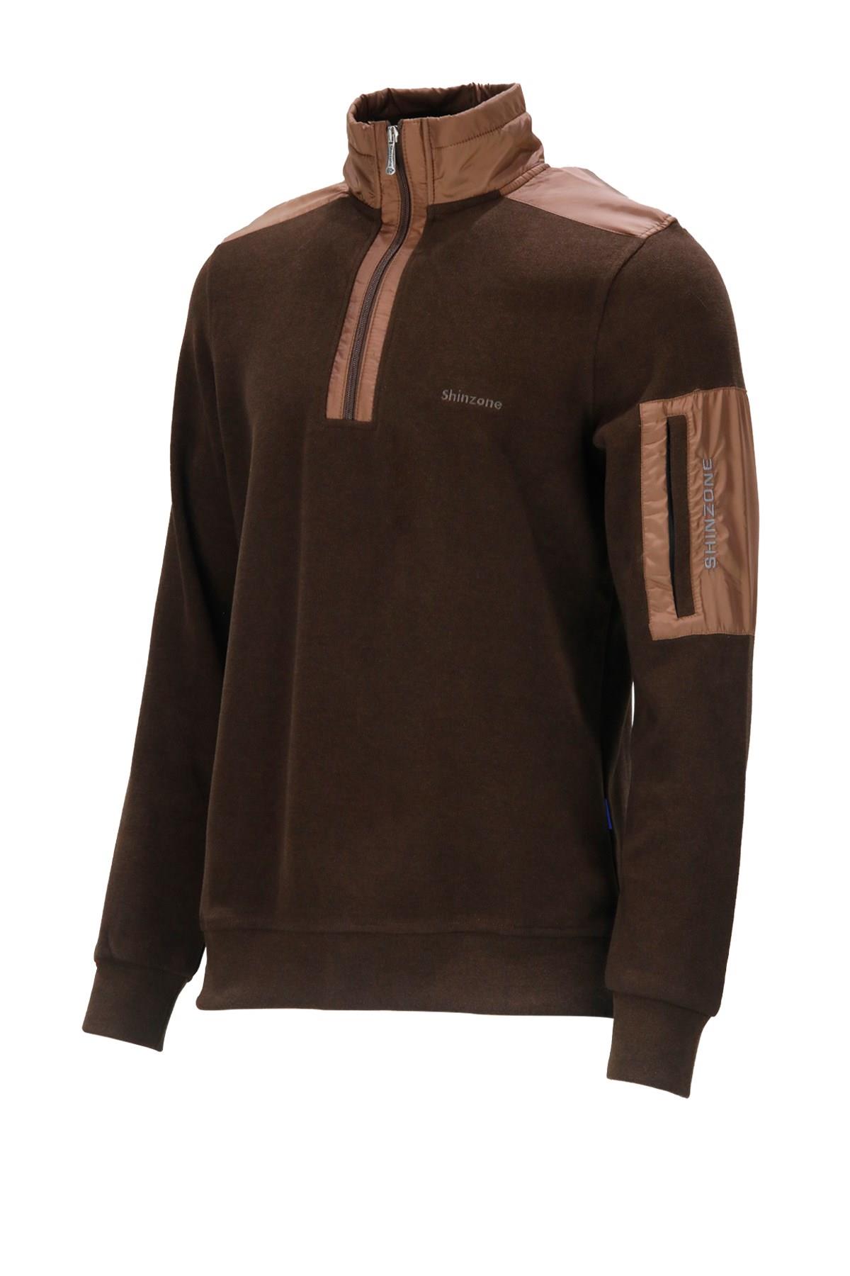 Erkek Standart Fit Yarım Fermuarlı Koyu Kahverengi Sweatshirt
