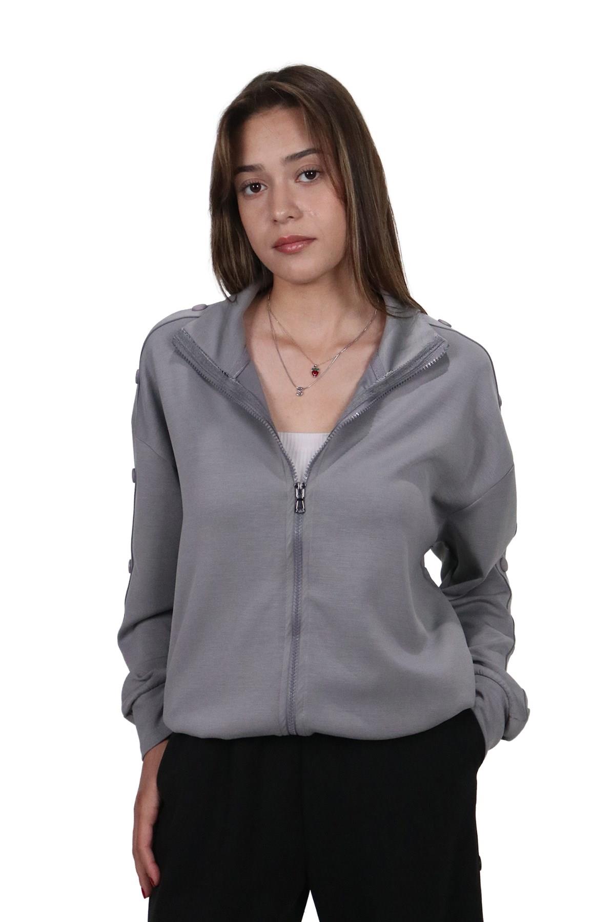 Kadın Modal Kumaş Dik Yaka Rahat Kalıp Gri Ceket Hırka