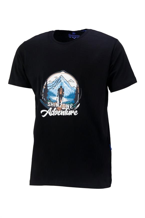 Erkek Bisiklet Yaka Mevsimlik Adventure Baskılı Standart Fit Siyah T-Shirt