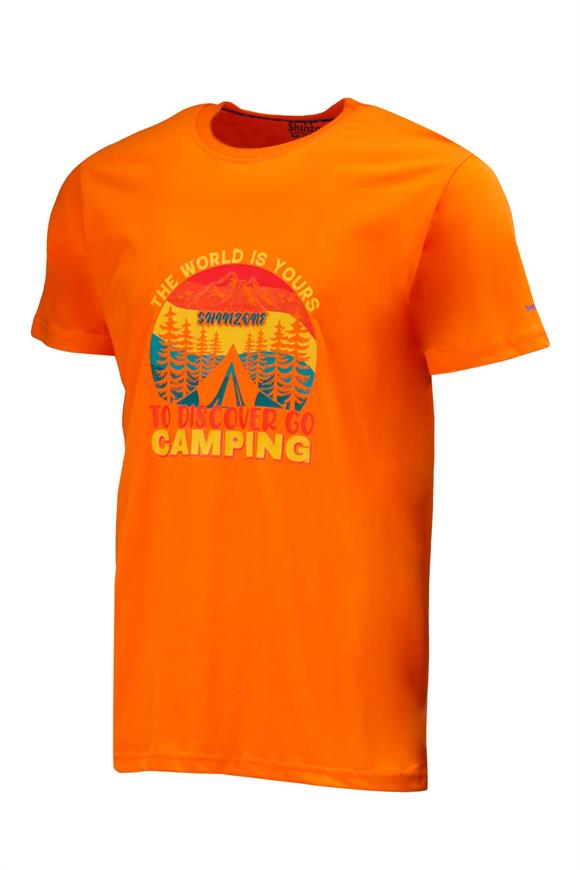 Erkek Bisiklet Yaka Standart Fit Discovery Göğüs Baskılı Turuncu T-Shirt