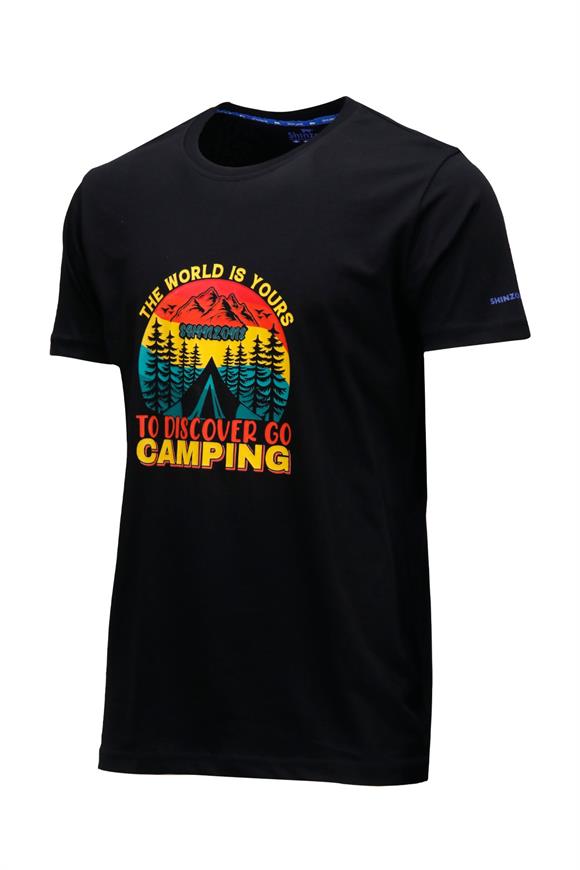 Erkek Bisiklet Yaka Standart Fit Discovery Göğüs Baskılı Siyah T-Shirt