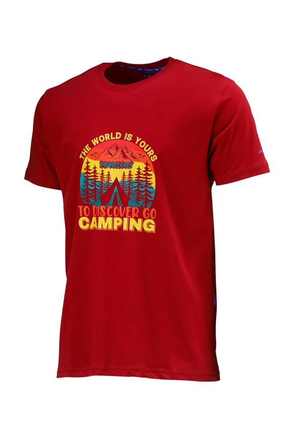 Erkek Bisiklet Yaka Standart Fit Discovery Göğüs Baskılı Bordo T-Shirt