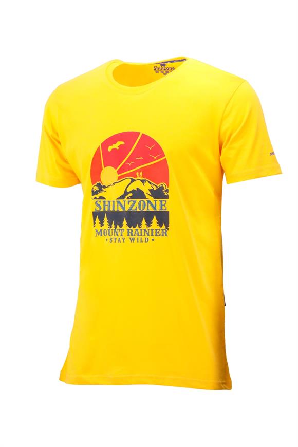 Erkek Bisiklet Yaka Standart Fit Göğüs Baskılı Sarı T-Shirt