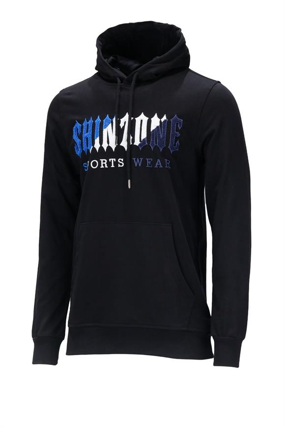 Erkek Standart Fit Kapüşonlu Kabartma Baskılı Siyah Sweatshirt