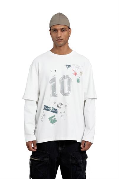 Beyaz Sayı Baskılı Oversize Kolu Parçalı Tasarım Sweatshirt