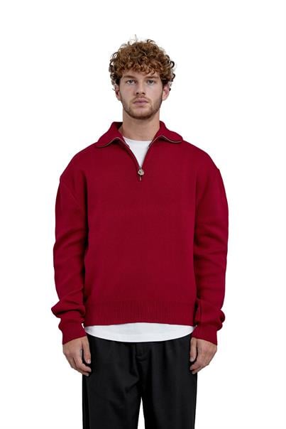 Kırmızı Gst Yarım Fermuarlı Oversize Triko