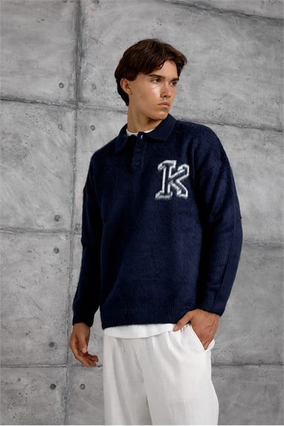 Lacivert POLO YAKA K HARF TRİKO SWEAT