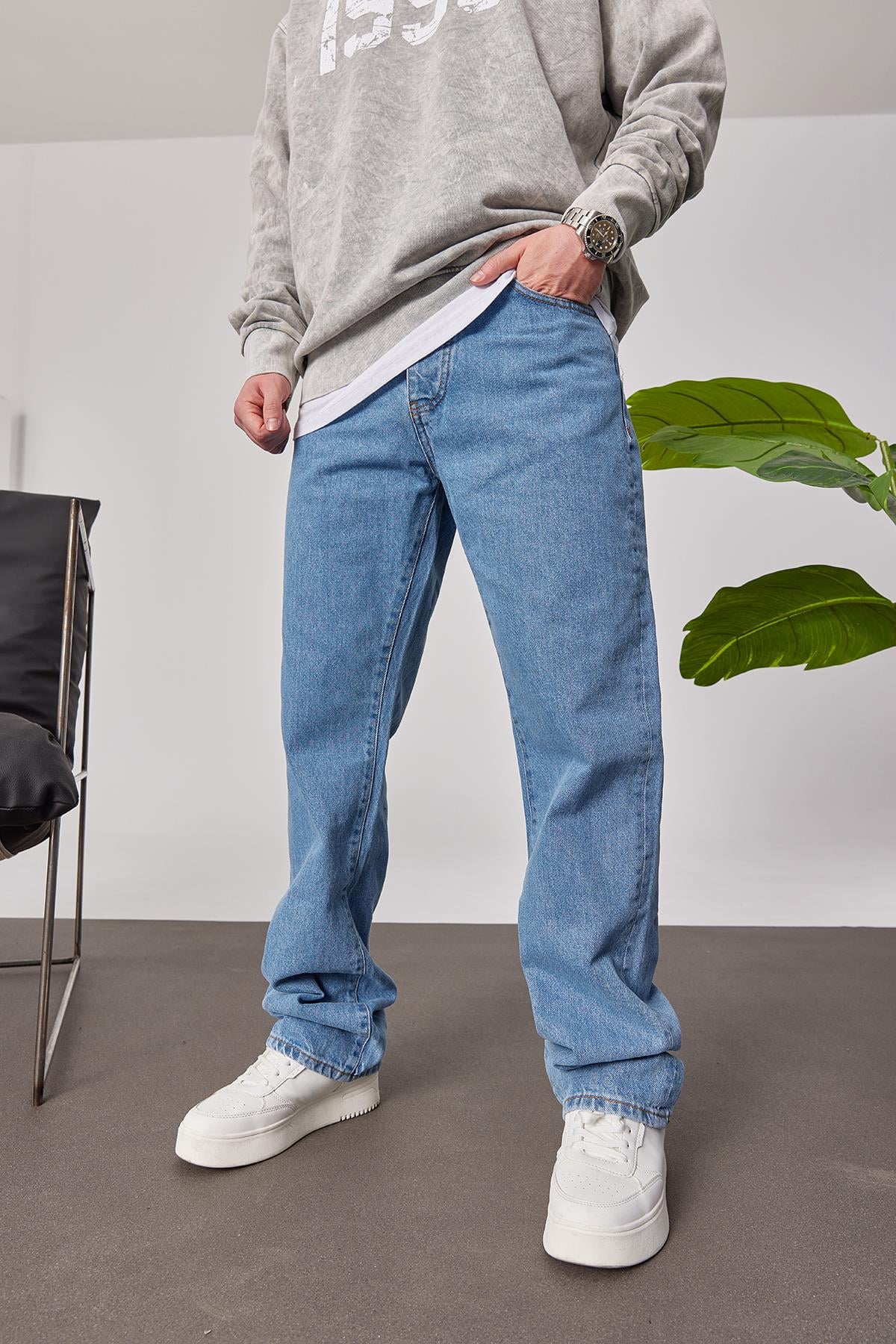 15799 Düz Mavi Baggy Jean
