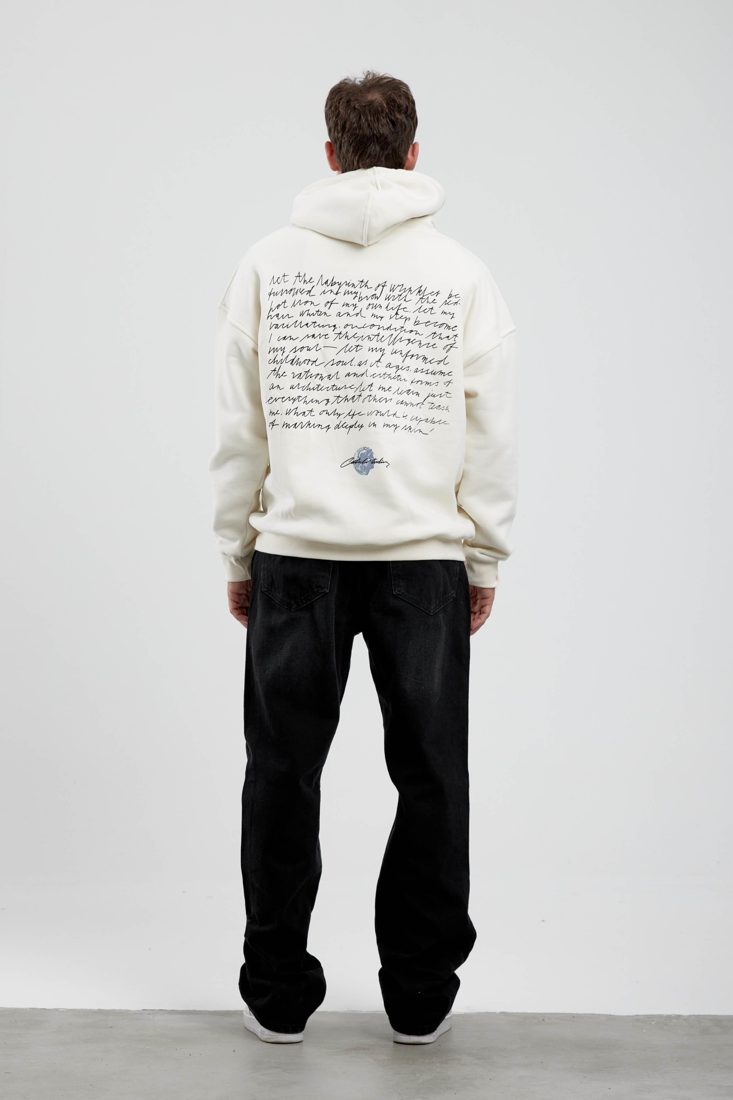 Ekru Beyaz Arkası El Yazılı Ekru Kapüşonlu Sweatshirt