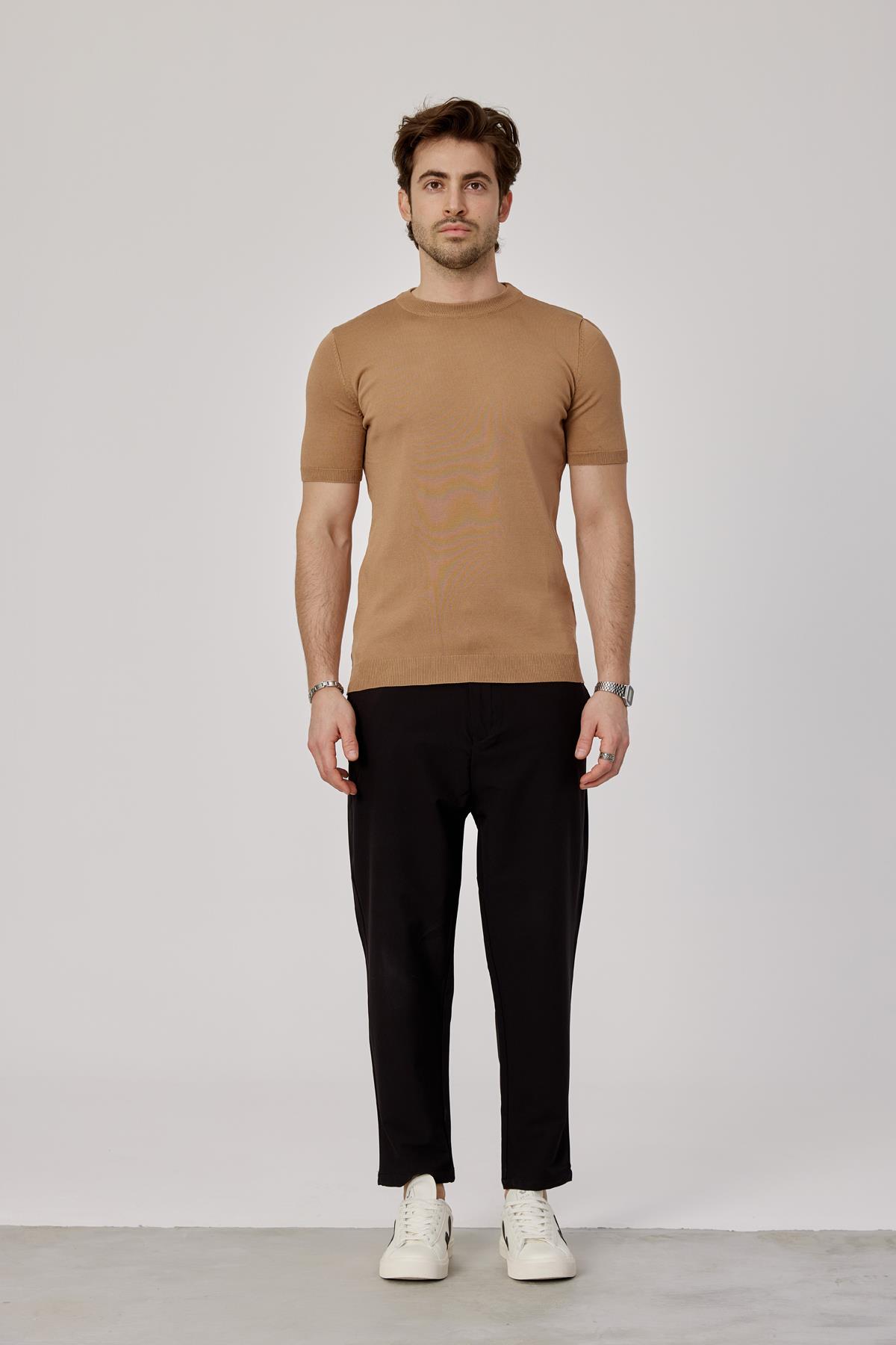 Basic Kahverengi Triko Kumaş Tshirt