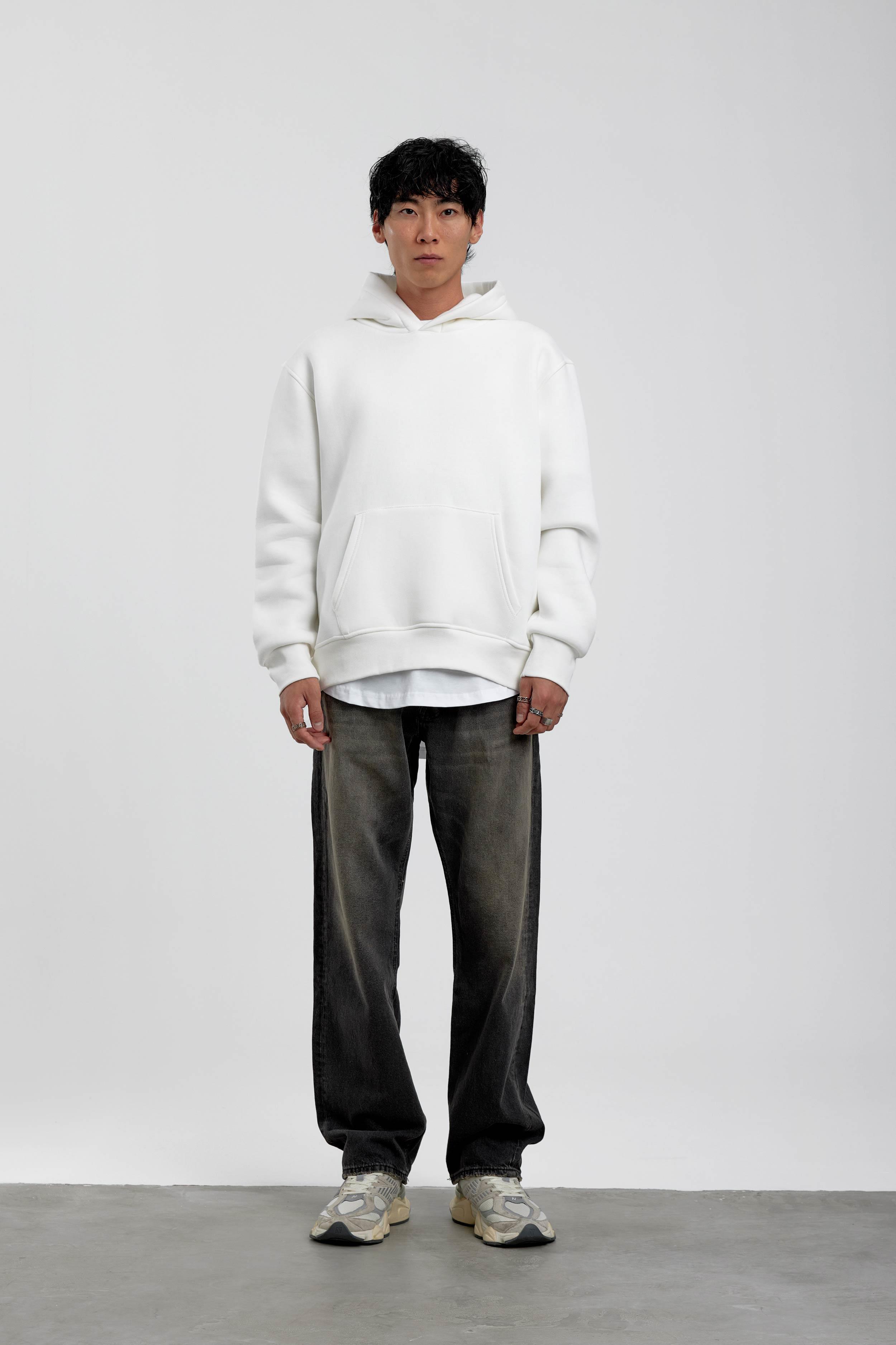 Beyaz Kapüşonlu Basic Şardonlu Sweatshirt