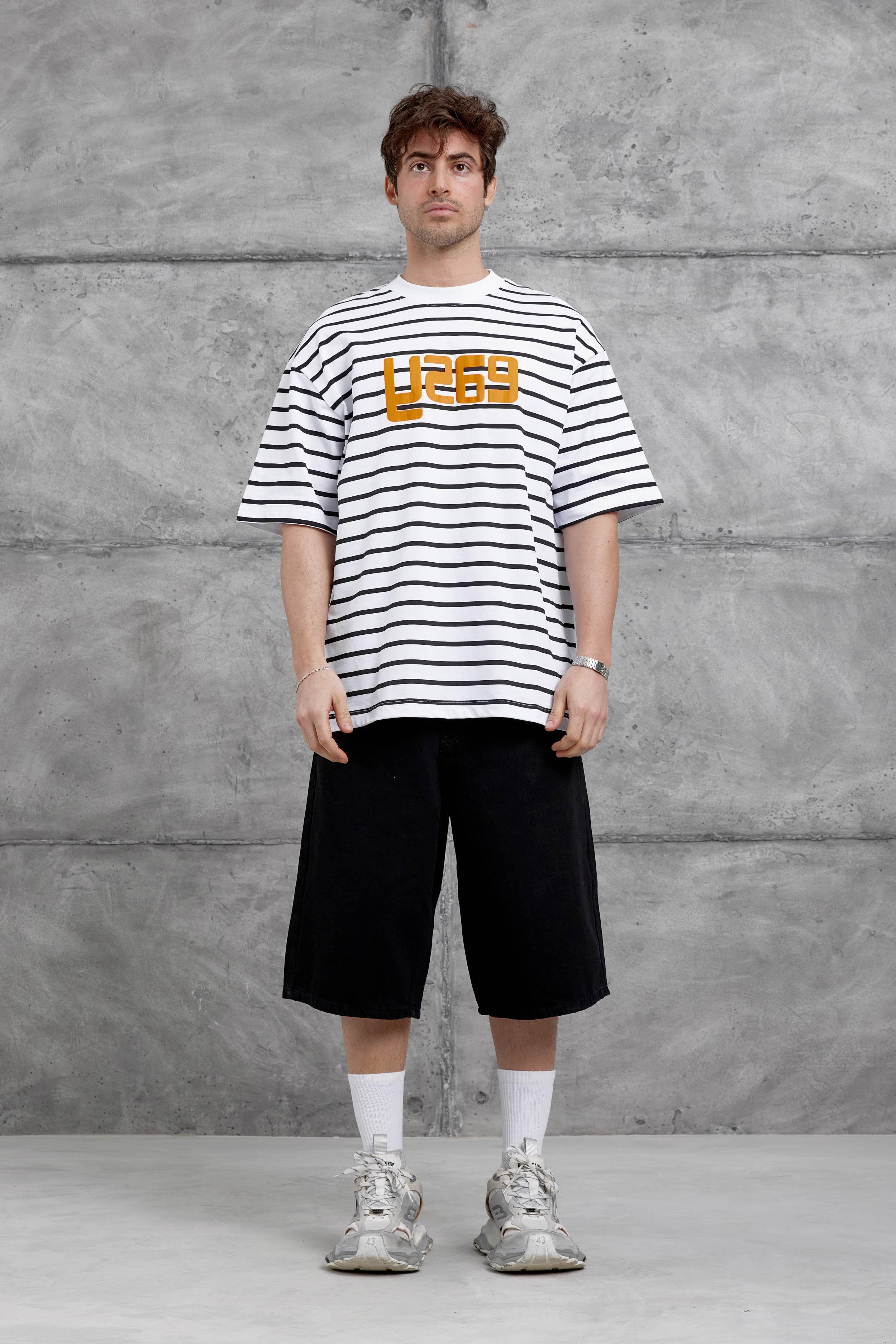 Beyaz Y269 Baskılı ve Çizgili Oversize Tshirt