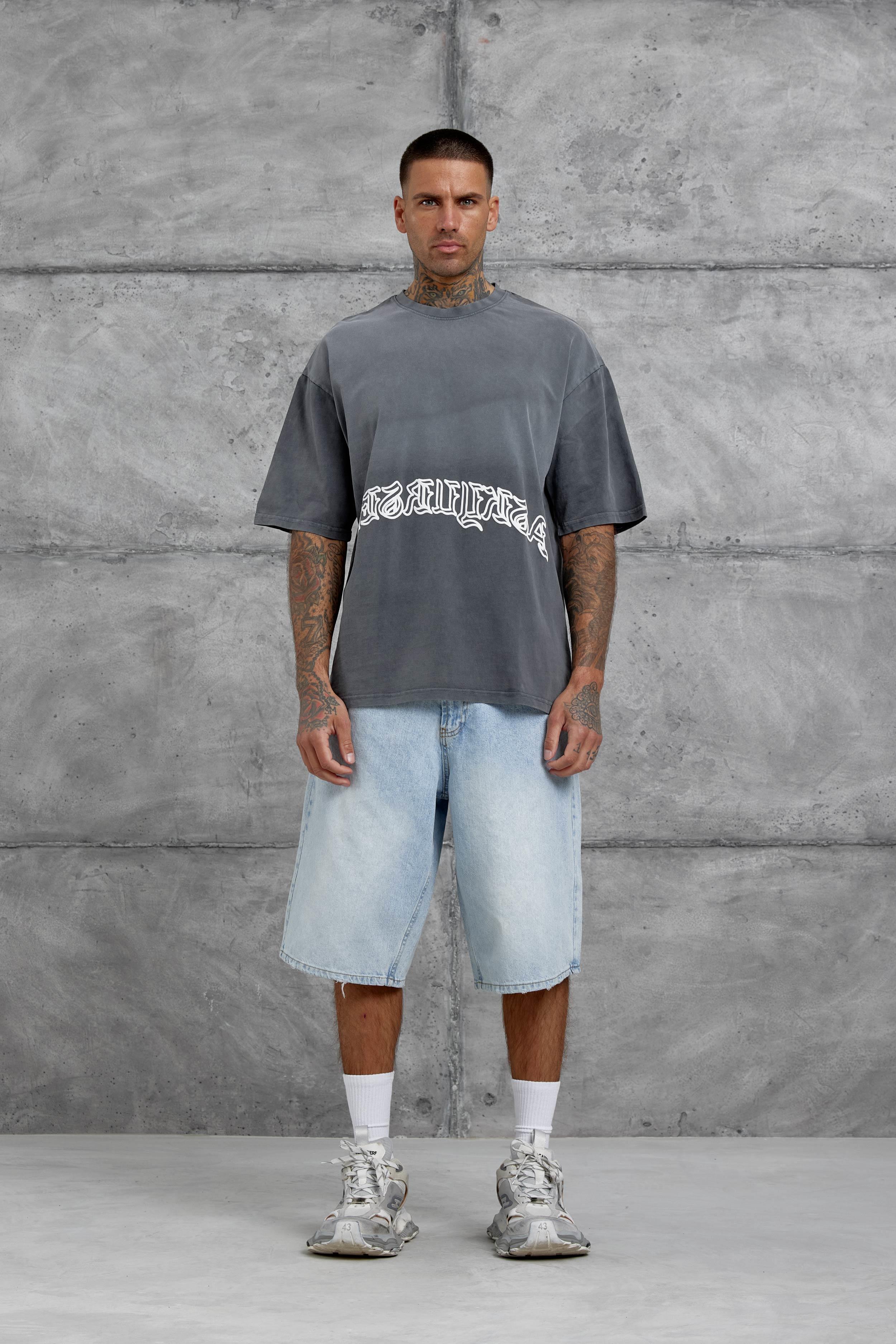 Füme İşaretli Yazı Baskılı Yıkamalı Oversize Tshirt