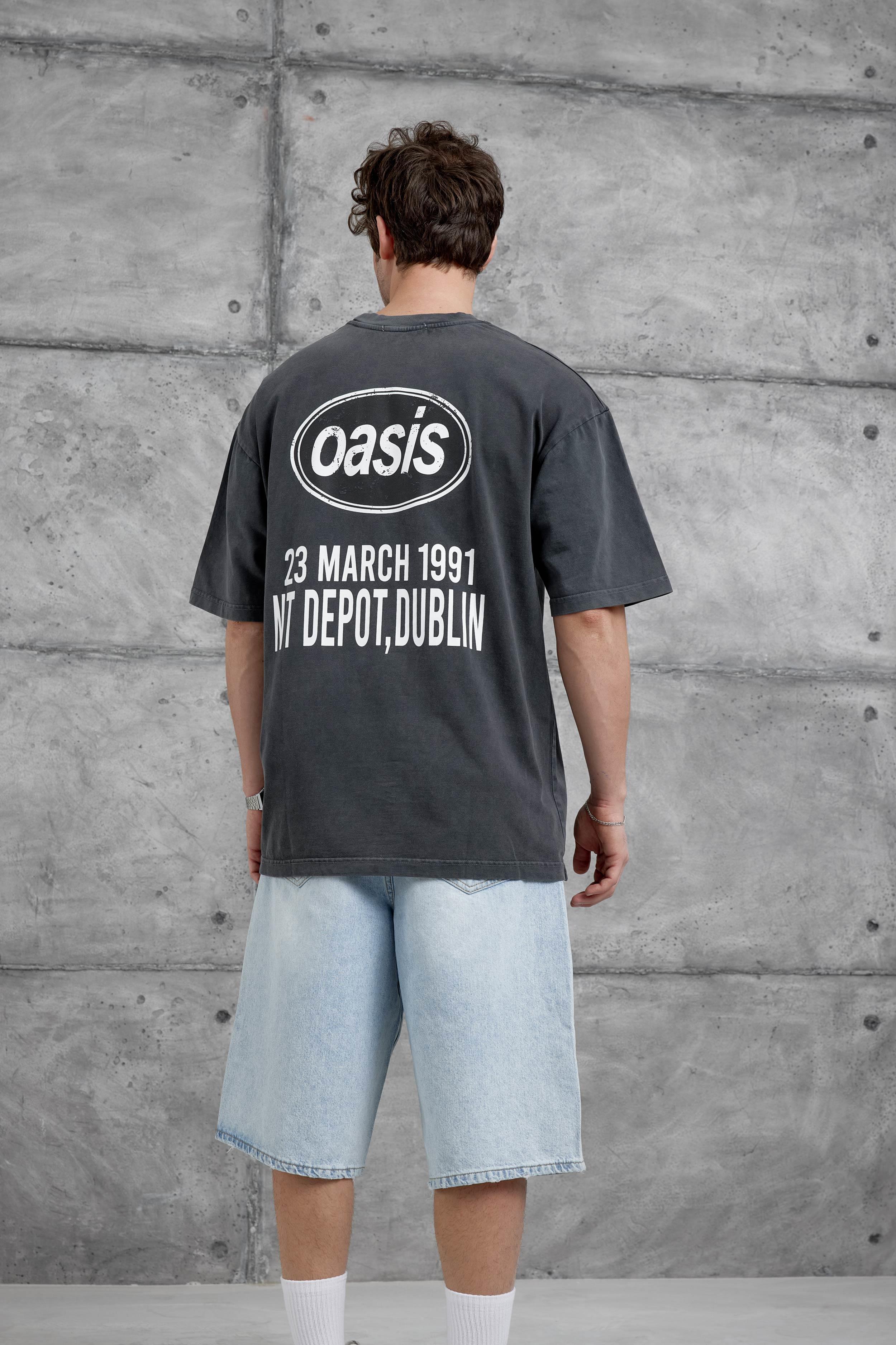 Füme Oasis Yazılı Yıkamalı Oversize Tshirt