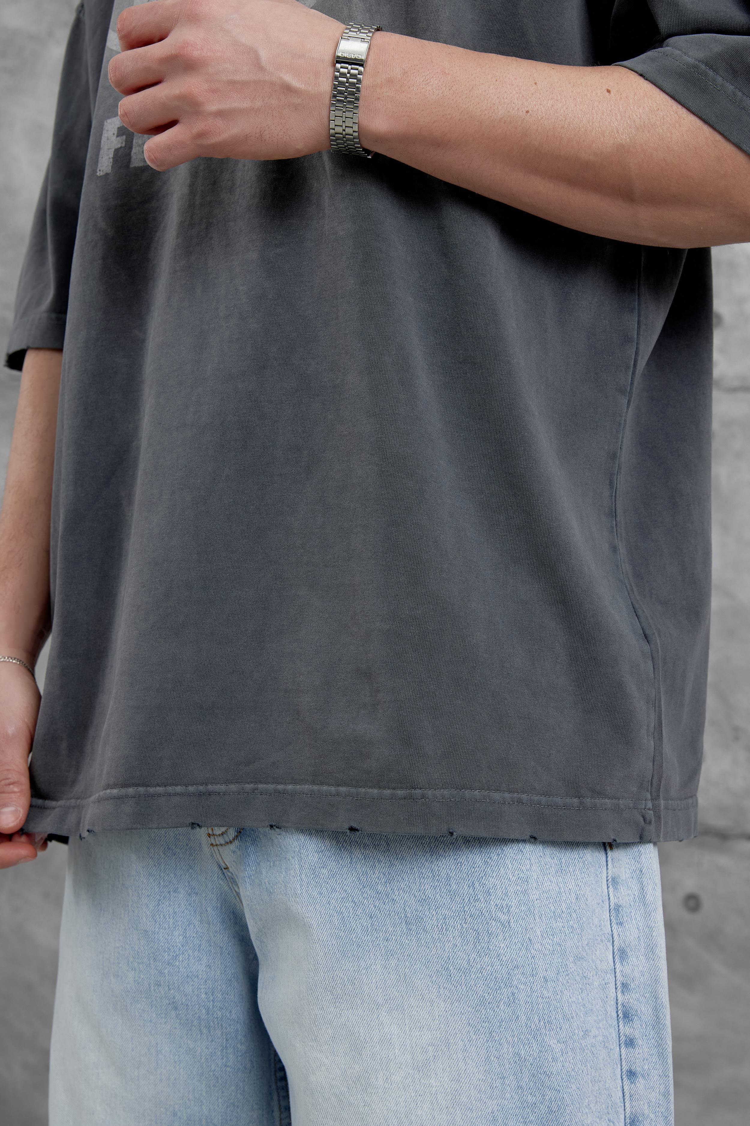 Füme Raw Yazılı Yıkamalı Oversize Tshirt · 4