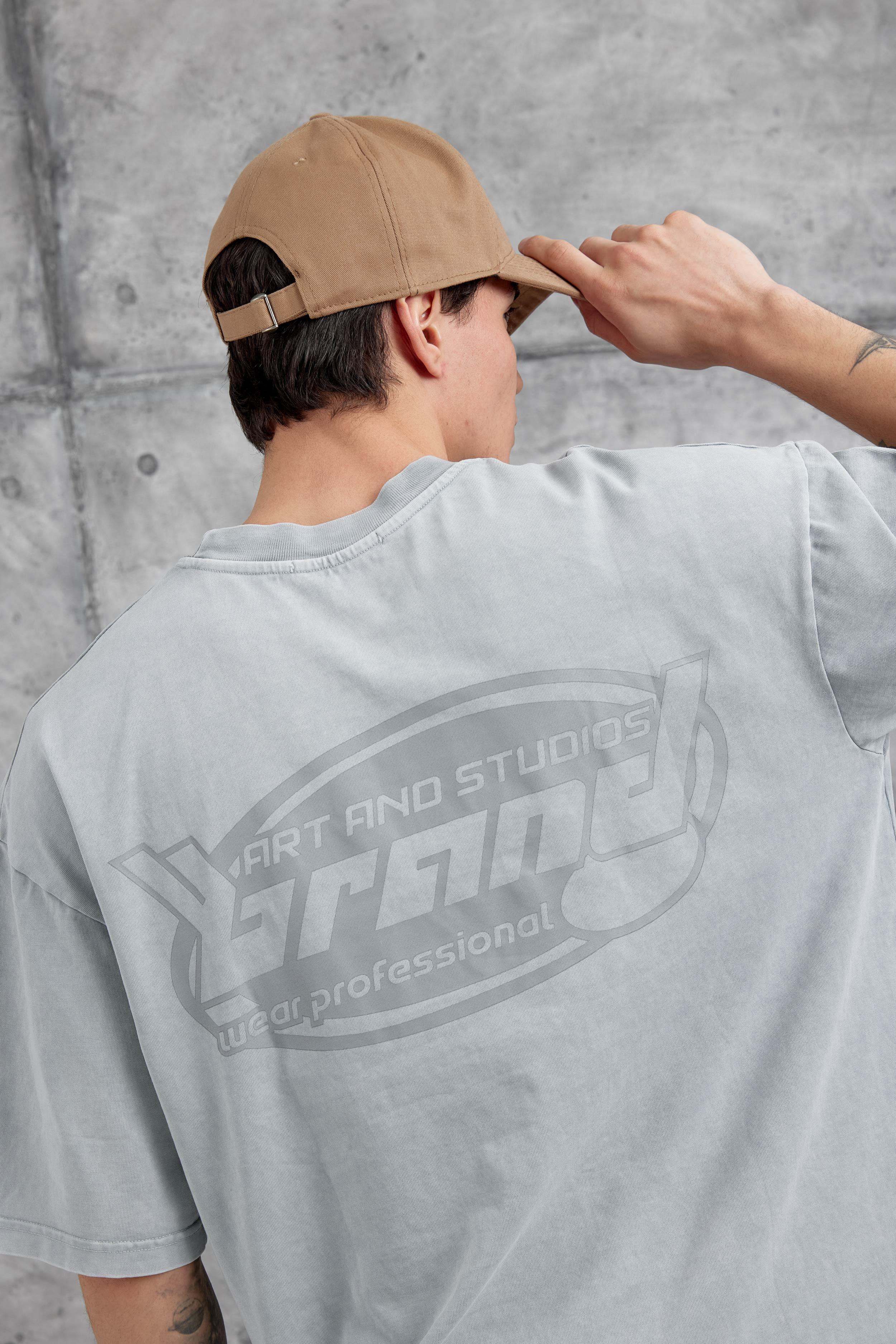 Gri Brand Yazılı Yıkamalı Oversize Tshirt