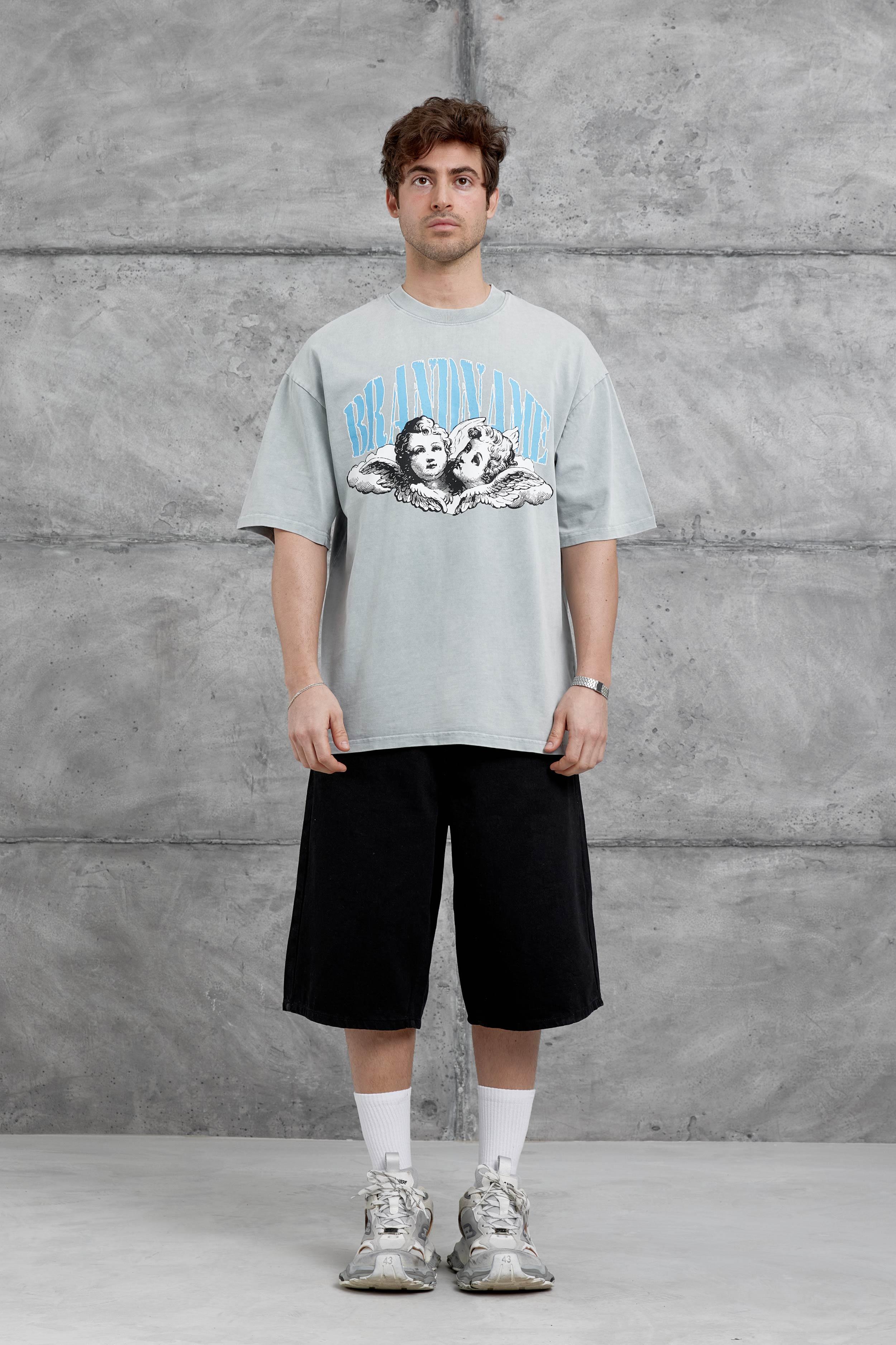 Gri Brandname Yazılı Yıkamalı Oversize Tshirt