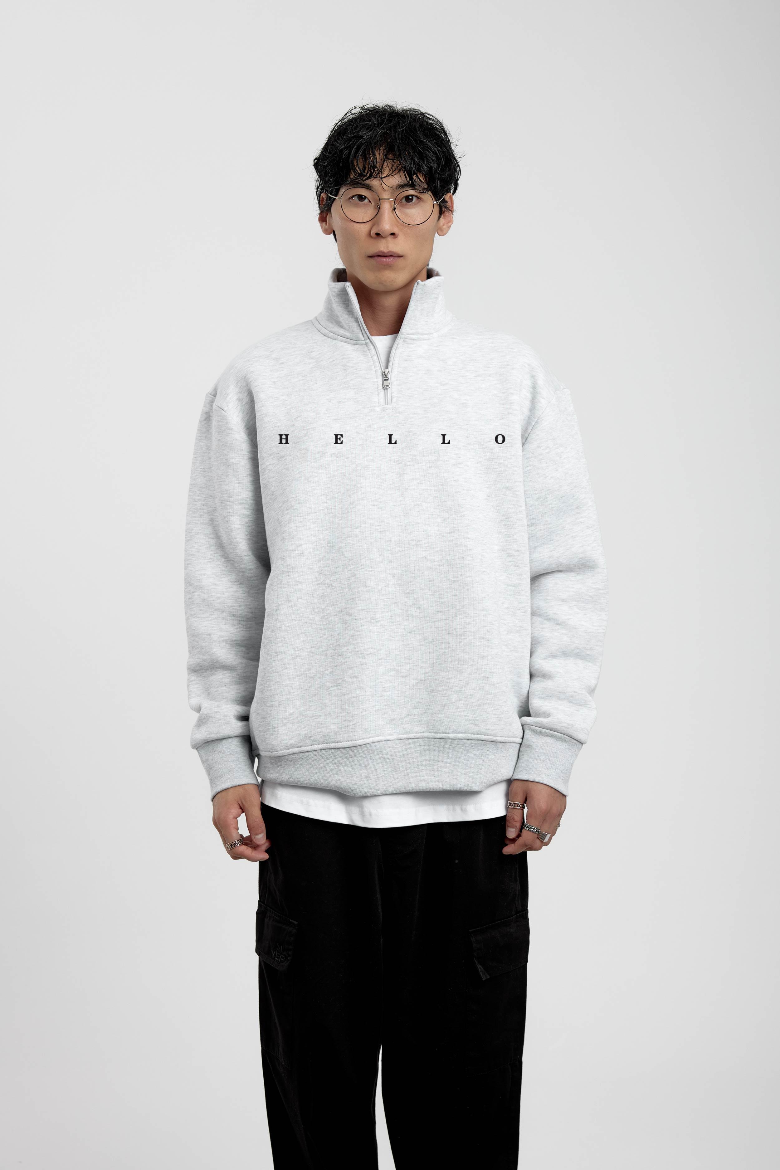 Gri Hello Yazılı Yarım Fermuarlı Sweatshirt · 2