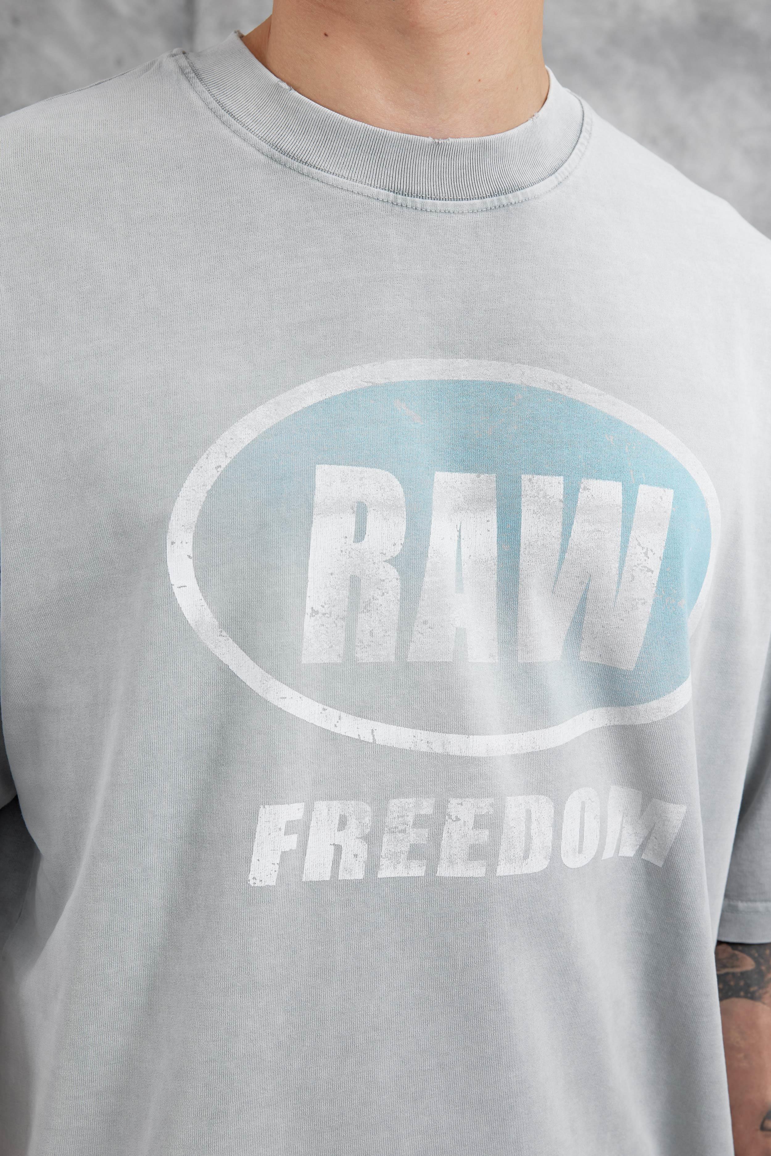 Gri Raw Yazılı Yıkamalı Oversize Tshirt · 2